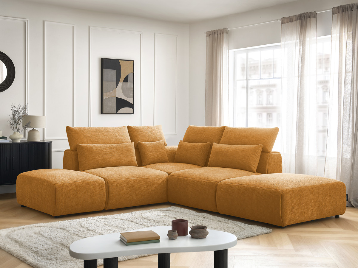 Canapé d'angle fixe modulable avec têtières JANA tissu texturé avec 2 chauffeuses, 1 angle et 2 poufs