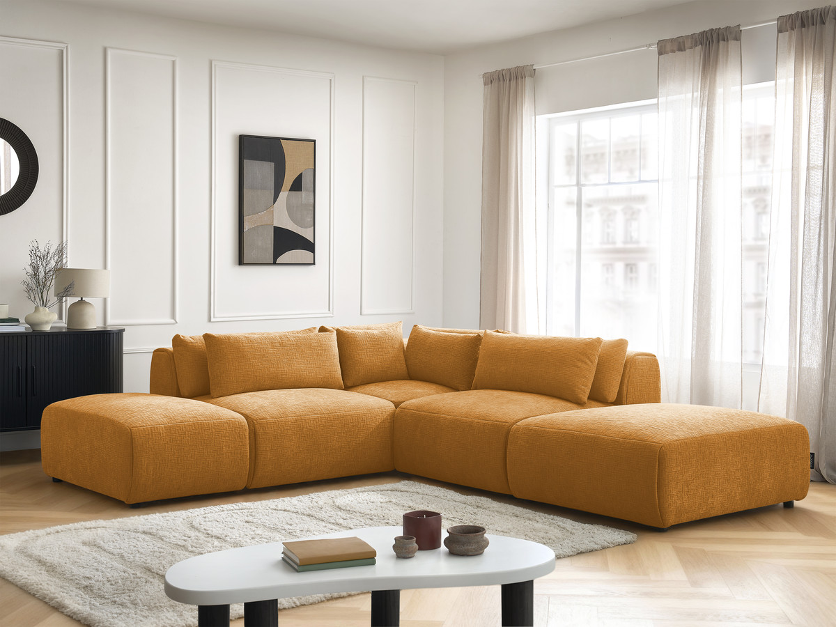 Canapé d'angle fixe modulable avec têtières JANA tissu texturé avec 2 chauffeuses, 1 angle et 2 poufs