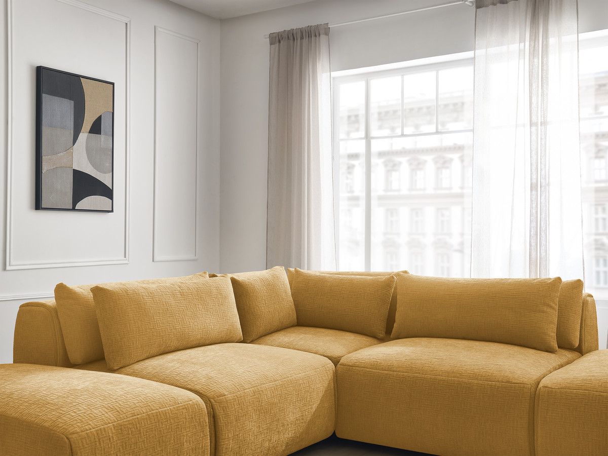 Canapé d'angle fixe modulable avec têtières JANA tissu texturé avec 2 chauffeuses, 1 angle et 2 poufs