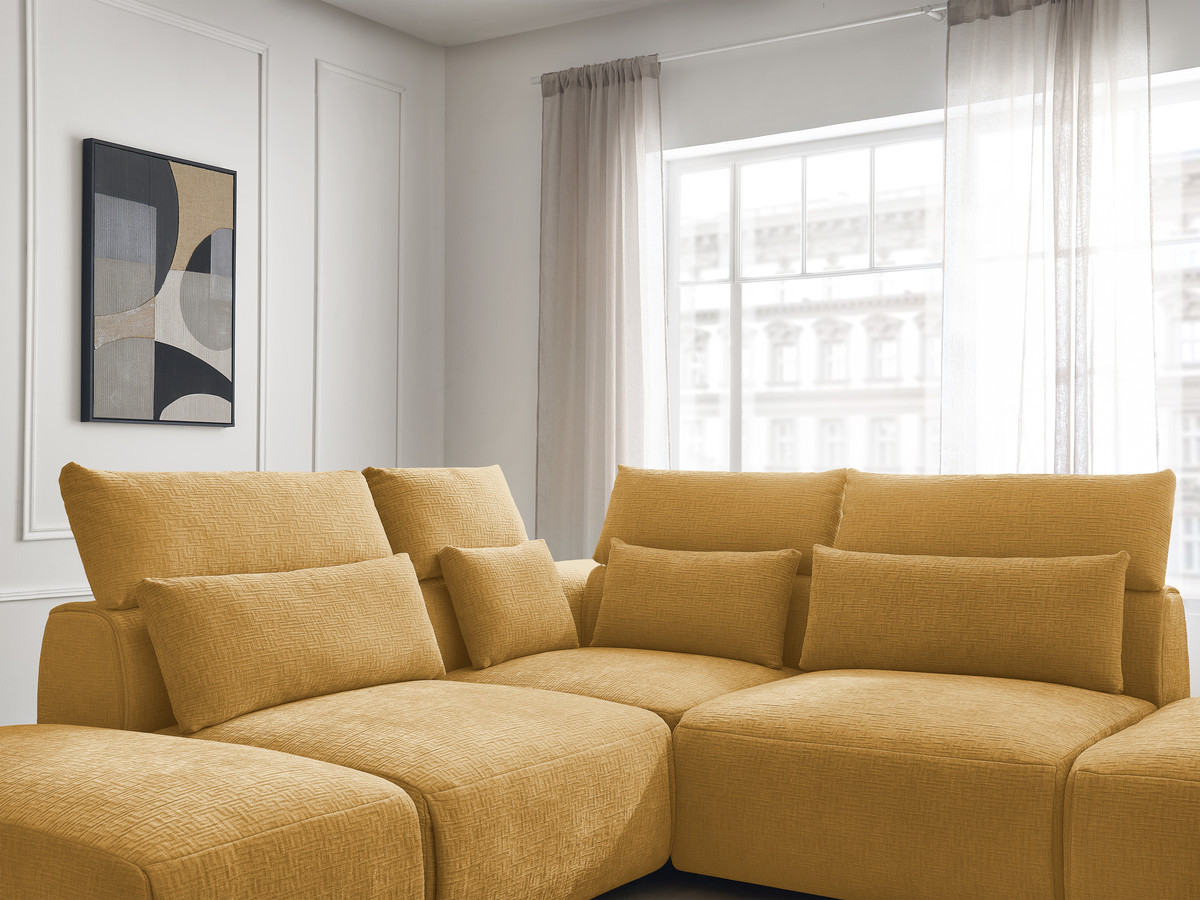 Canapé d'angle fixe modulable avec têtières JANA tissu texturé avec 2 chauffeuses, 1 angle et 2 poufs