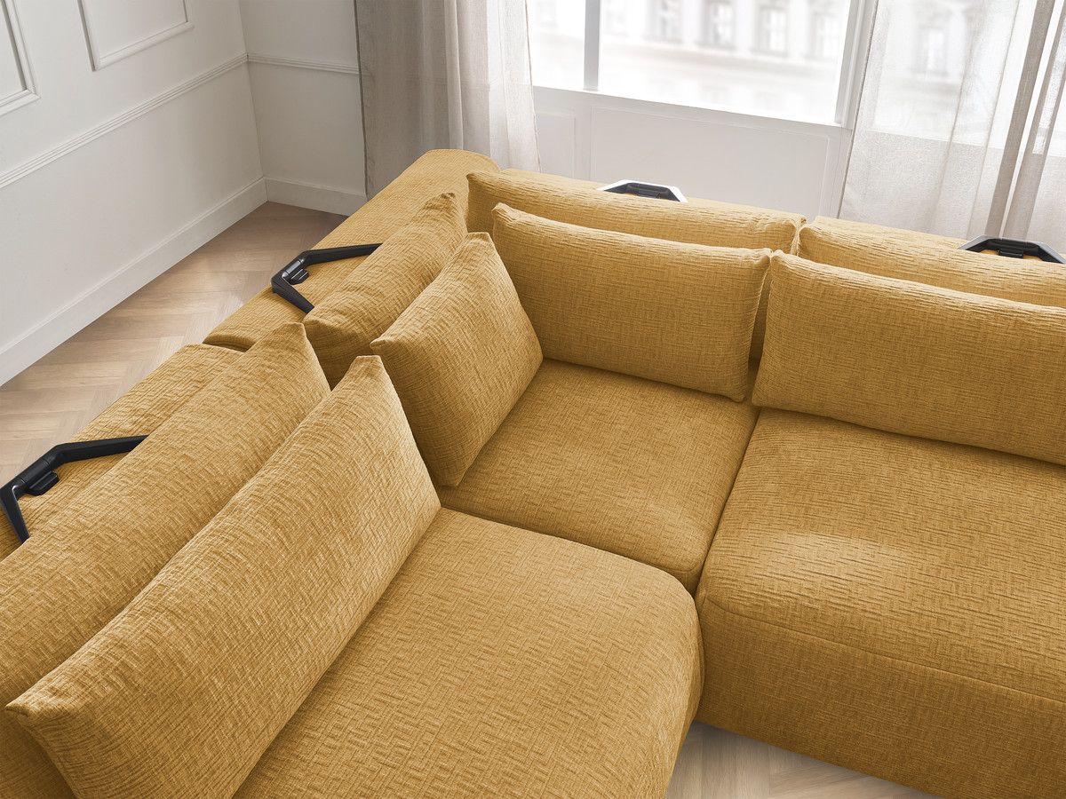 Canapé d'angle fixe modulable avec têtières JANA tissu texturé avec 2 chauffeuses, 1 angle et 2 poufs