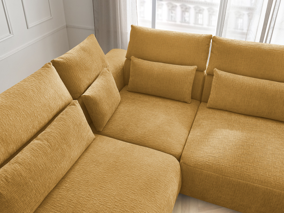 Canapé d'angle fixe modulable avec têtières JANA tissu texturé avec 2 chauffeuses, 1 angle et 2 poufs