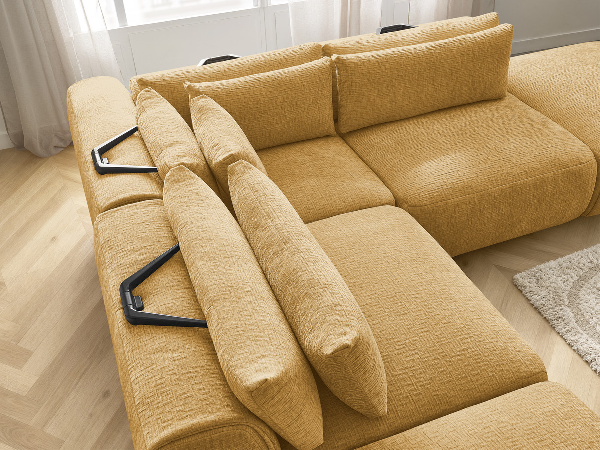 Canapé d'angle fixe modulable avec têtières JANA tissu texturé avec 2 chauffeuses, 1 angle et 2 poufs