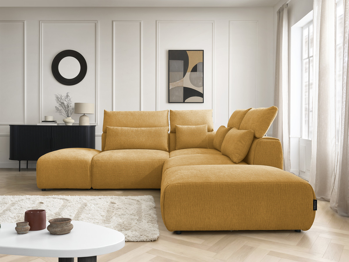 Canapé d'angle fixe modulable avec têtières JANA tissu texturé avec 2 chauffeuses, 1 angle et 2 poufs