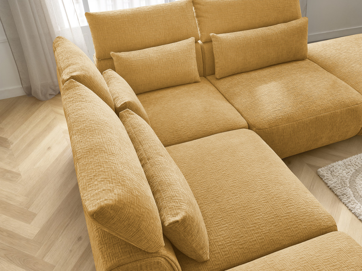 Canapé d'angle fixe modulable avec têtières JANA tissu texturé avec 2 chauffeuses, 1 angle et 2 poufs