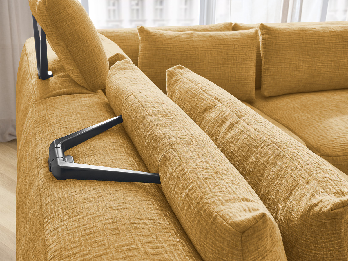 Canapé d'angle fixe modulable avec têtières JANA tissu texturé avec 2 chauffeuses, 1 angle et 2 poufs