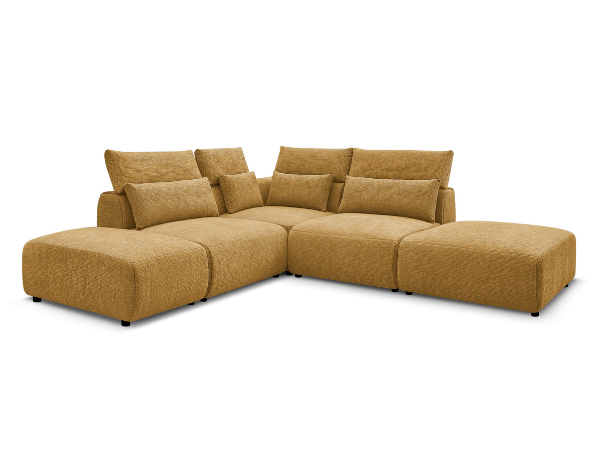 Canapé d'angle fixe modulable avec têtières JANA tissu texturé avec 2 chauffeuses, 1 angle et 2 poufs