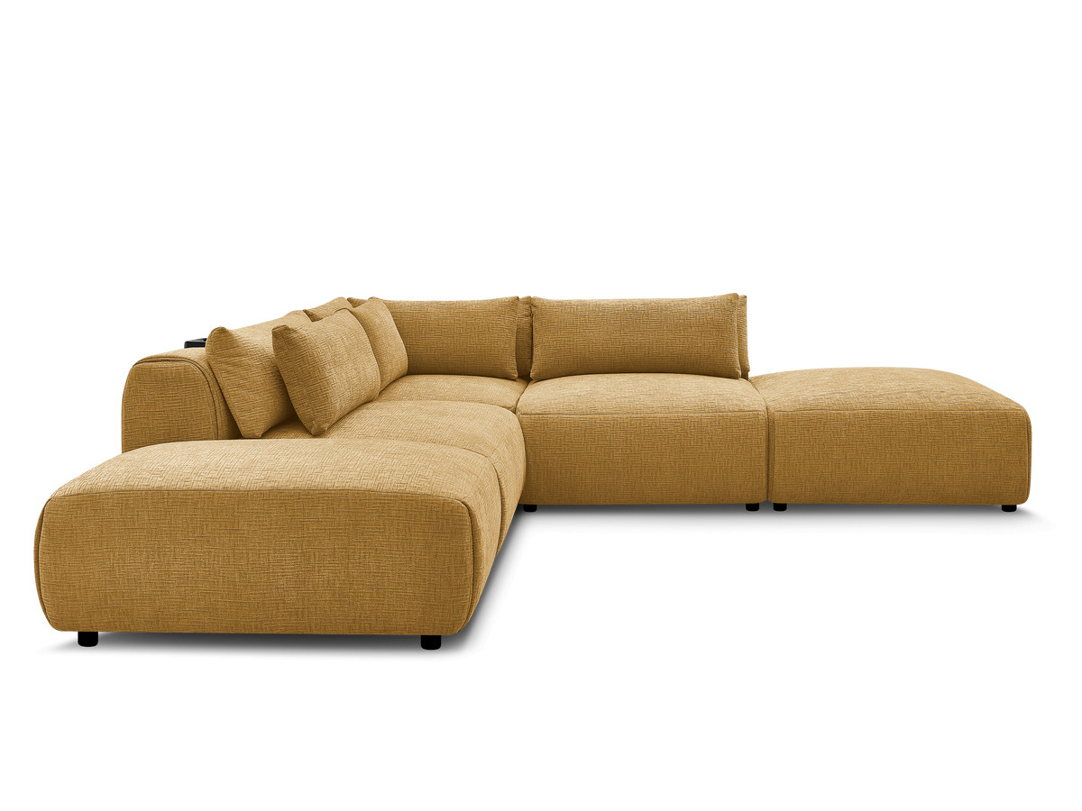 Canapé d'angle fixe modulable avec têtières JANA tissu texturé avec 2 chauffeuses, 1 angle et 2 poufs