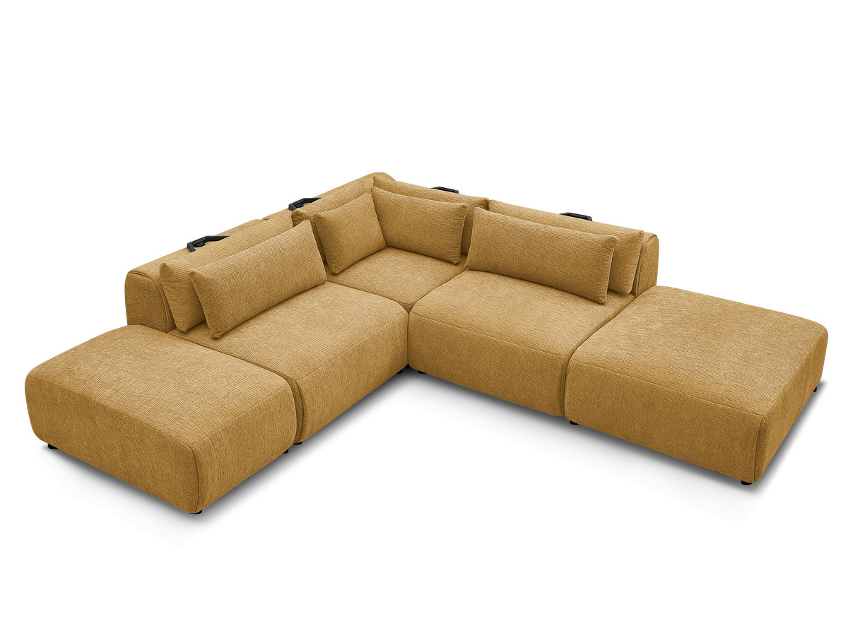 Canapé d'angle fixe modulable avec têtières JANA tissu texturé avec 2 chauffeuses, 1 angle et 2 poufs