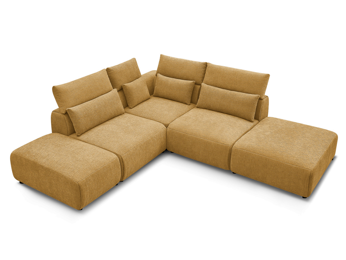 Canapé d'angle fixe modulable avec têtières JANA tissu texturé avec 2 chauffeuses, 1 angle et 2 poufs