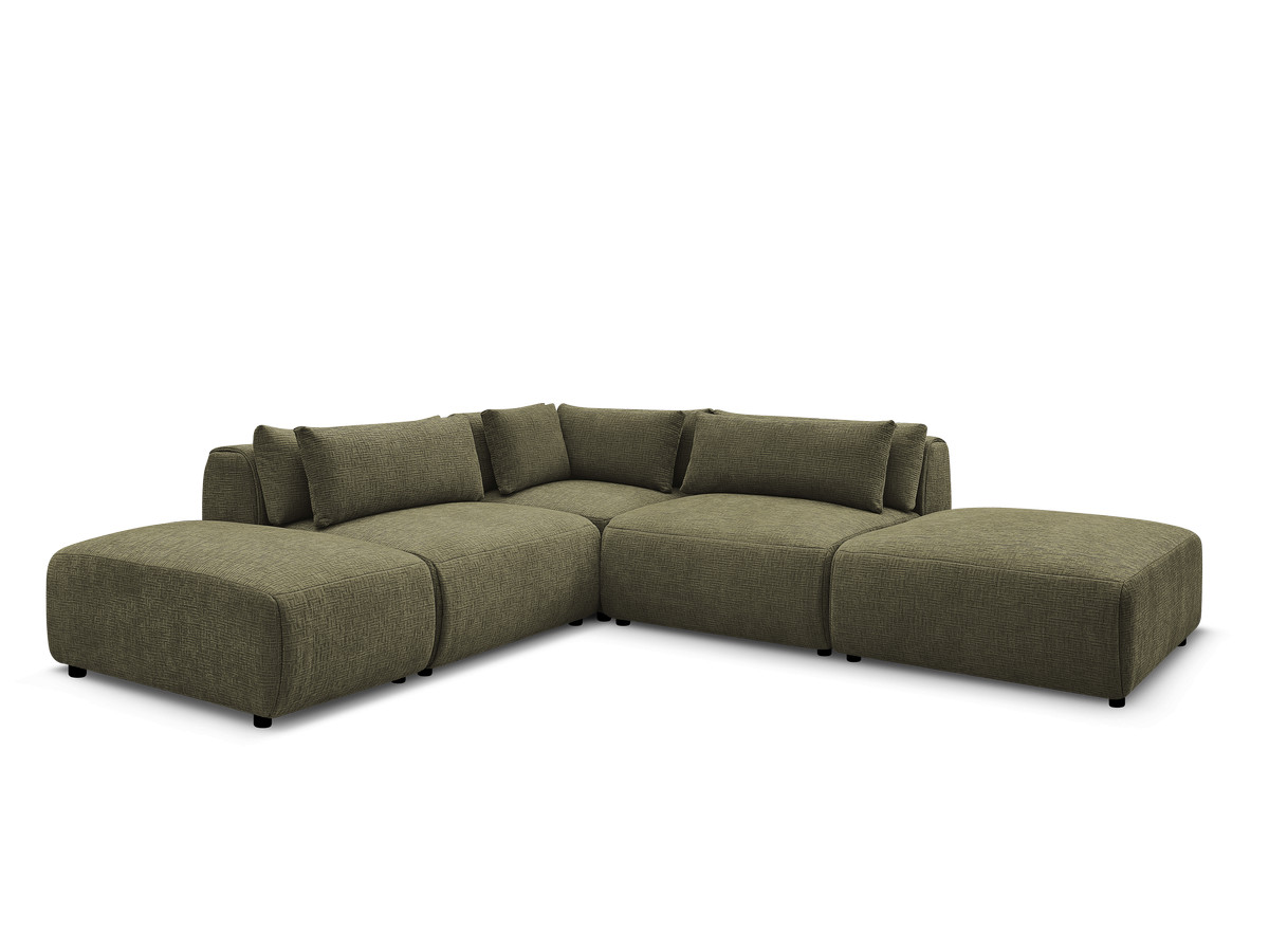 canapé d'angle fixe modulable avec têtières jana tissu texturé avec 2 chauffeuses, 1 angle et 2 poufs de couleur vert