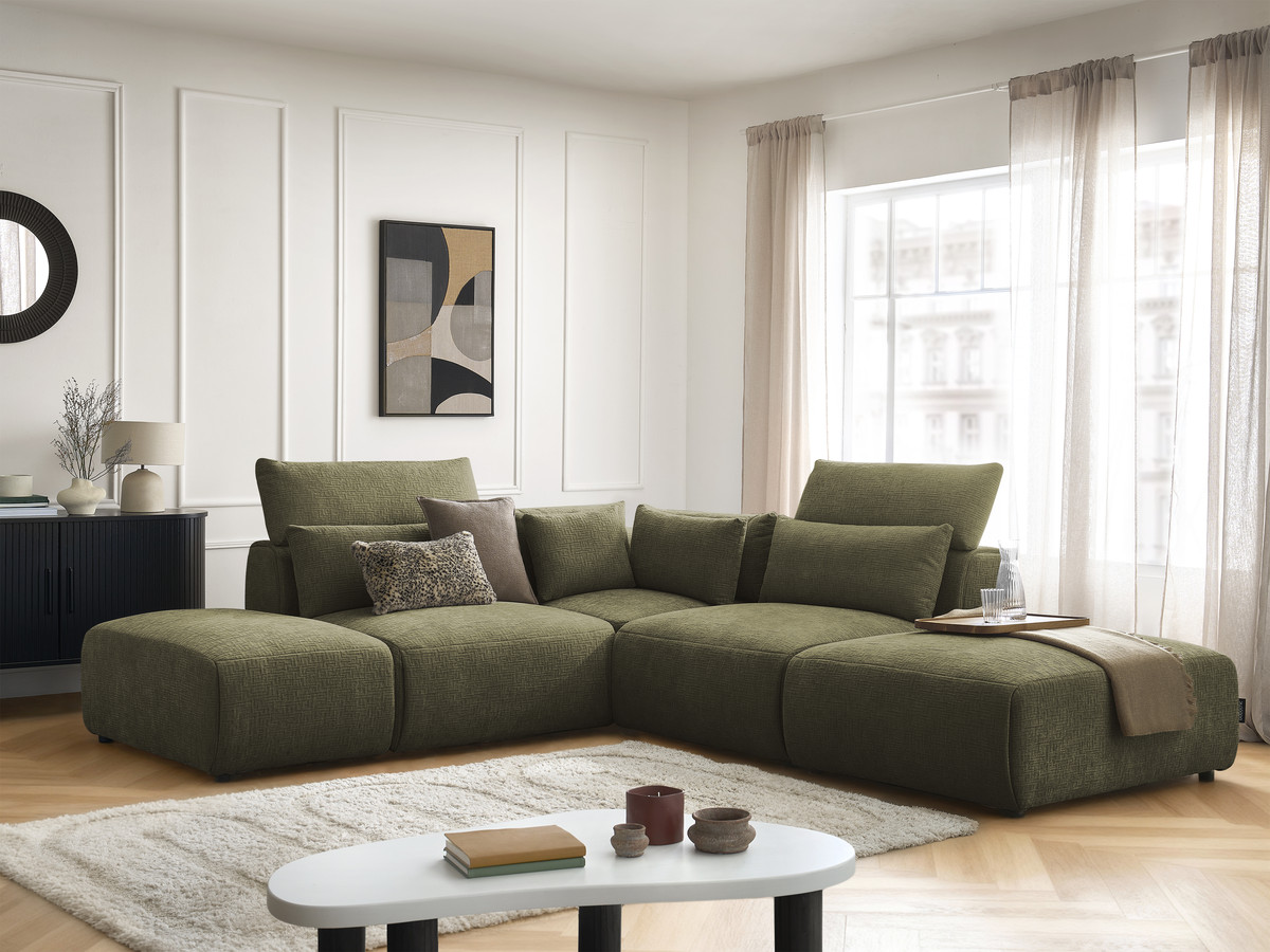 Canapé d'angle fixe modulable avec têtières JANA tissu texturé avec 2 chauffeuses, 1 angle et 2 poufs