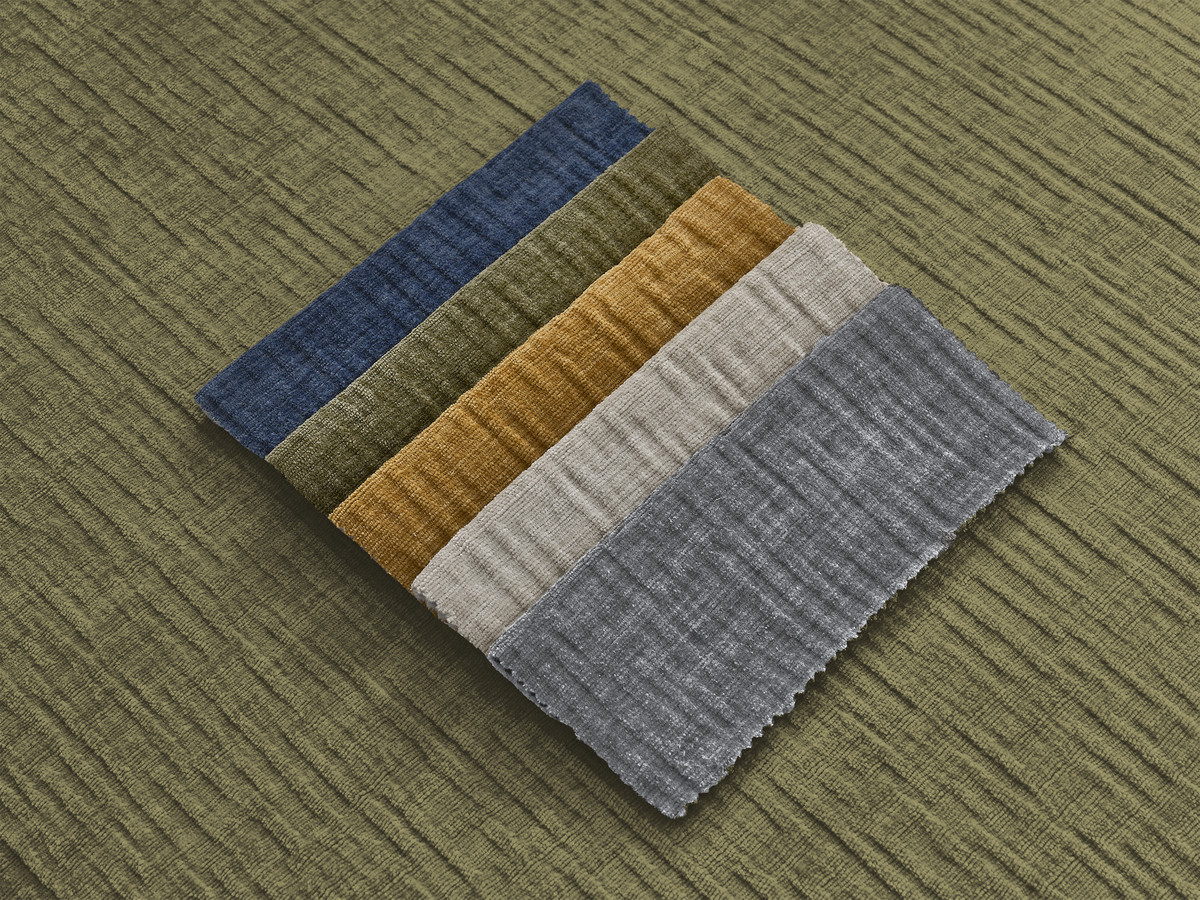 Canapé d'angle fixe modulable avec têtières JANA tissu texturé avec 2 chauffeuses, 1 angle et 2 poufs