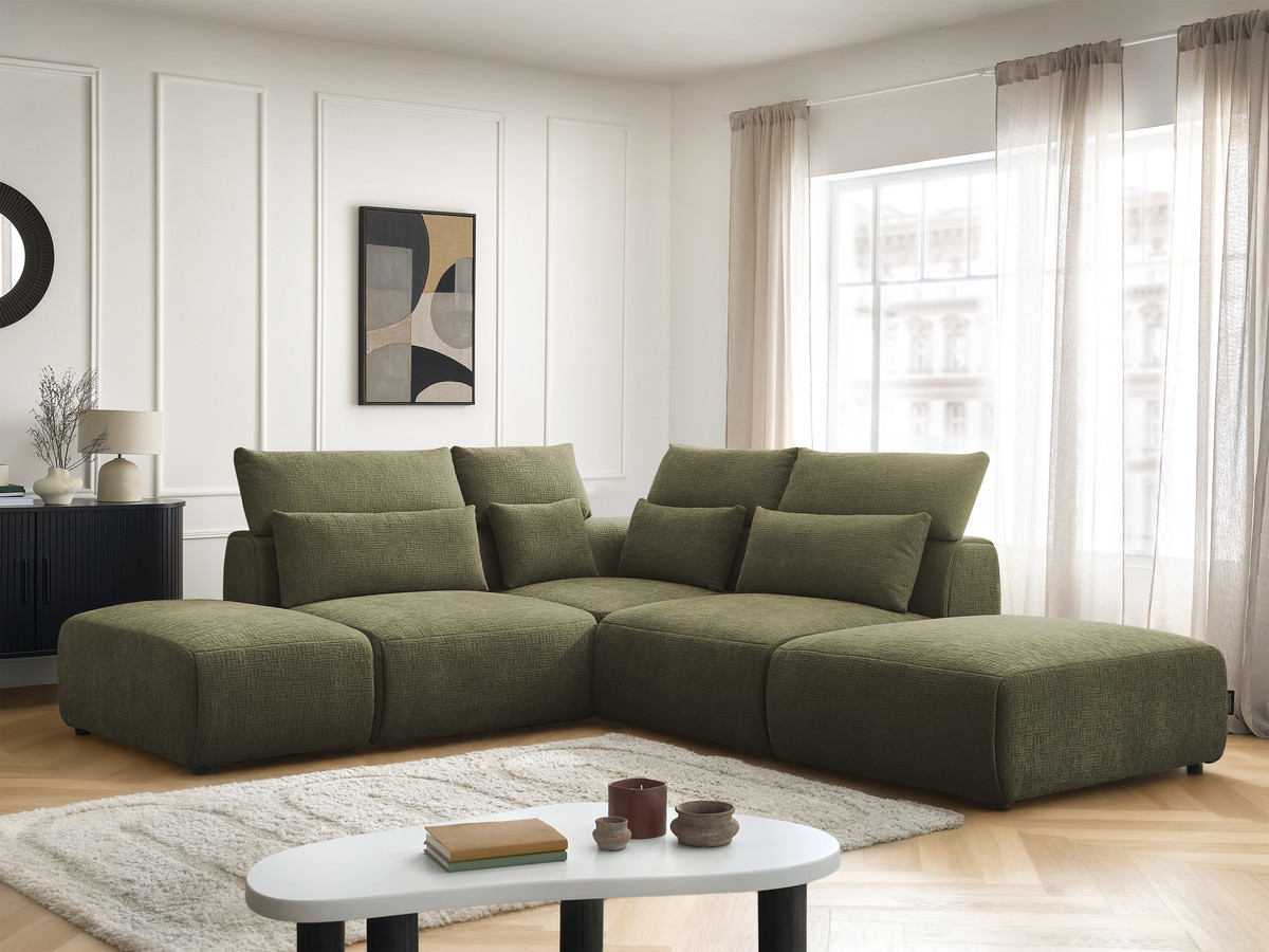 Canapé d'angle modulable avec têtières JANA texturé vert — vue 6