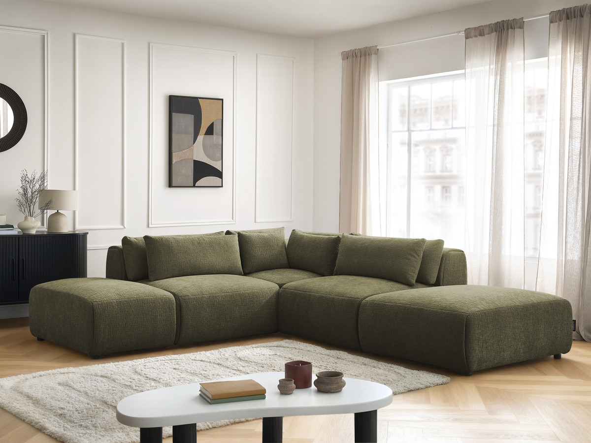 Canapé d'angle fixe modulable avec têtières JANA tissu texturé avec 2 chauffeuses, 1 angle et 2 poufs