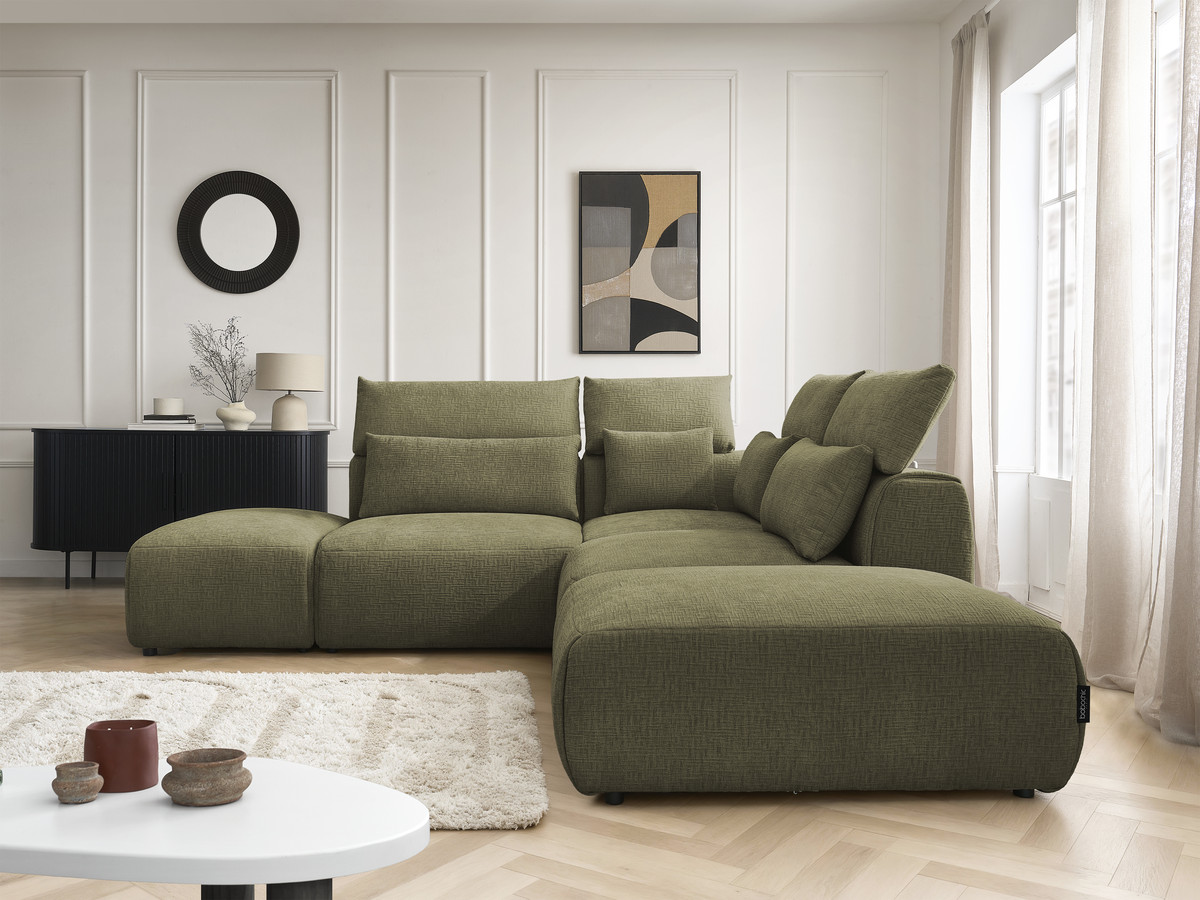 Canapé d'angle fixe modulable avec têtières JANA tissu texturé avec 2 chauffeuses, 1 angle et 2 poufs