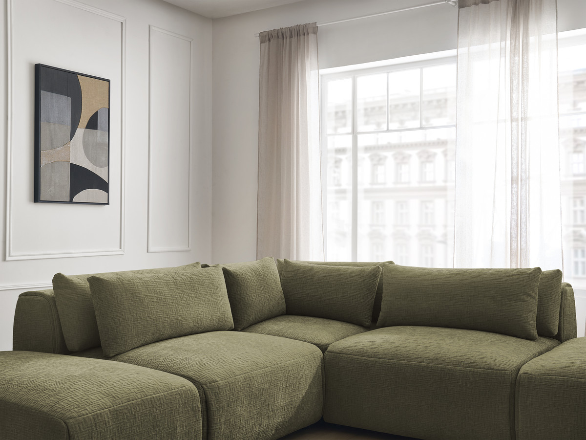 Canapé d'angle fixe modulable avec têtières JANA tissu texturé avec 2 chauffeuses, 1 angle et 2 poufs