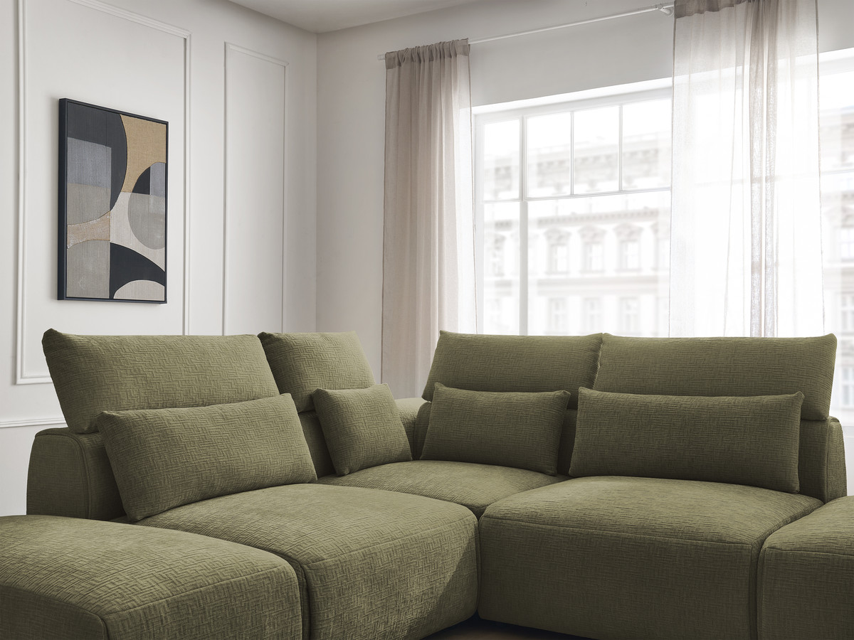 Canapé d'angle fixe modulable avec têtières JANA tissu texturé avec 2 chauffeuses, 1 angle et 2 poufs