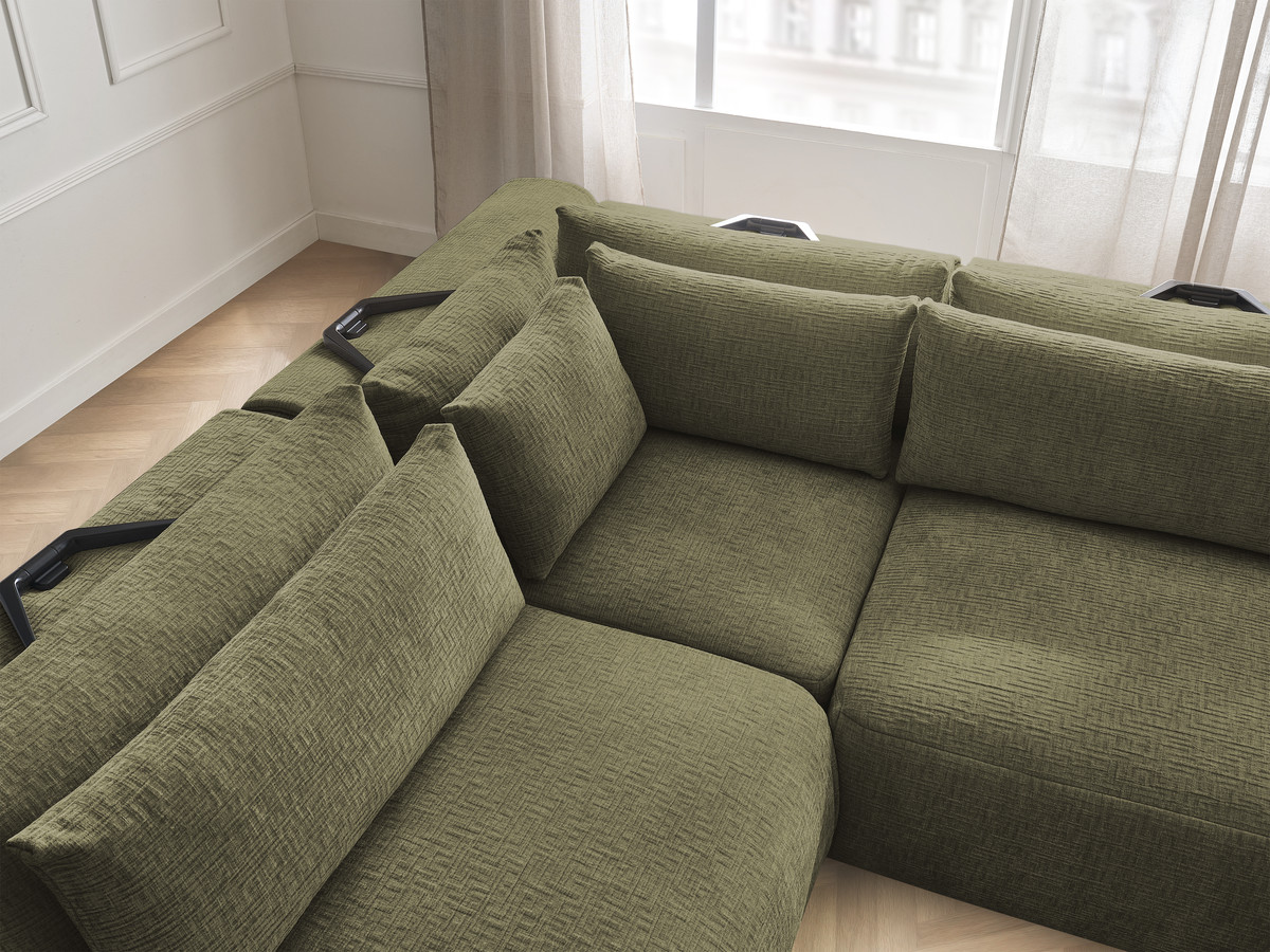 Canapé d'angle fixe modulable avec têtières JANA tissu texturé avec 2 chauffeuses, 1 angle et 2 poufs