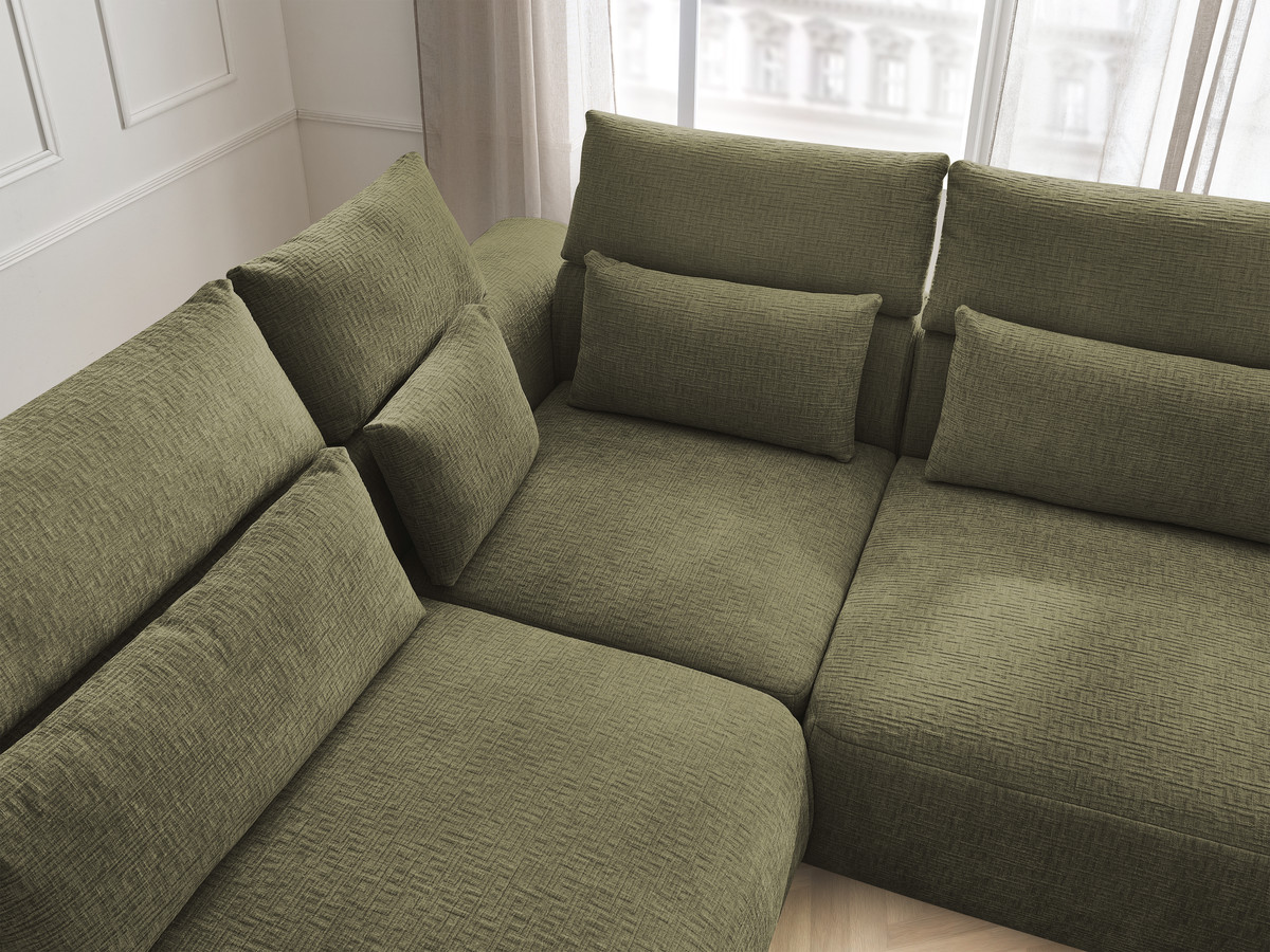 Canapé d'angle fixe modulable avec têtières JANA tissu texturé avec 2 chauffeuses, 1 angle et 2 poufs