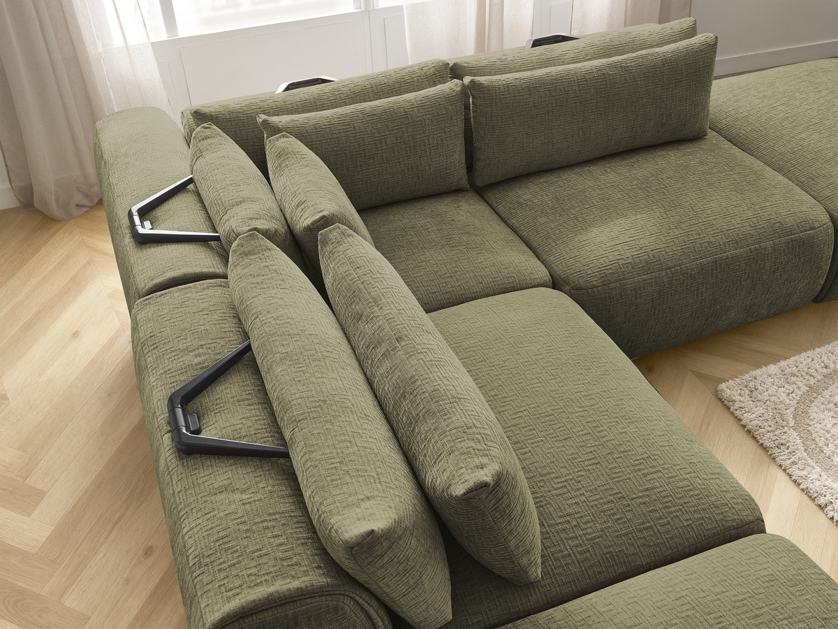 Canapé d'angle fixe modulable avec têtières JANA tissu texturé avec 2 chauffeuses, 1 angle et 2 poufs