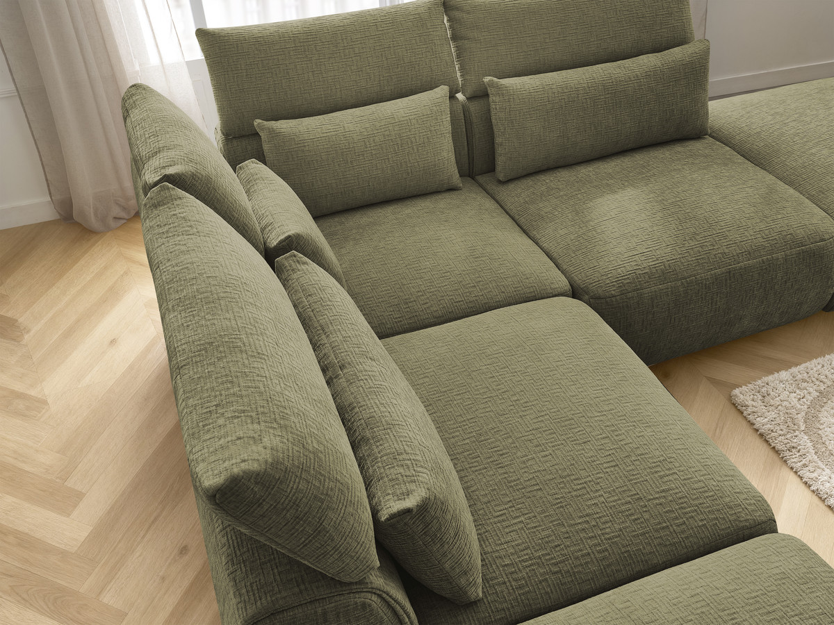 Canapé d'angle fixe modulable avec têtières JANA tissu texturé avec 2 chauffeuses, 1 angle et 2 poufs