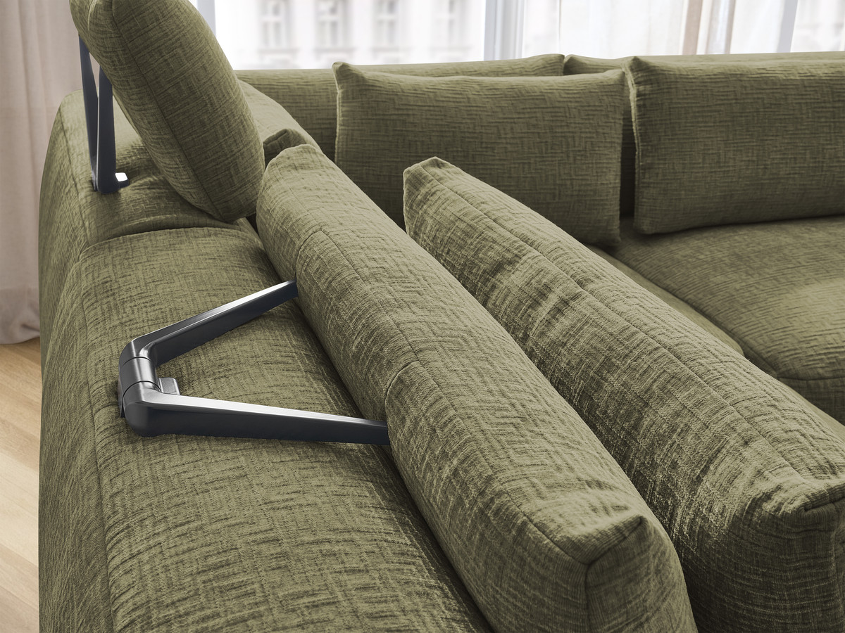 Canapé d'angle fixe modulable avec têtières JANA tissu texturé avec 2 chauffeuses, 1 angle et 2 poufs