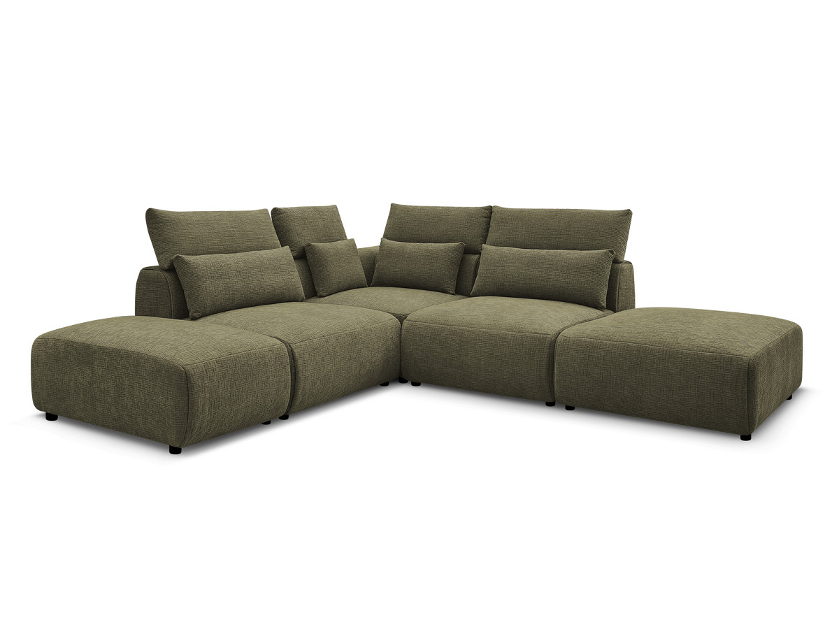 Canapé d'angle fixe modulable avec têtières JANA tissu texturé avec 2 chauffeuses, 1 angle et 2 poufs