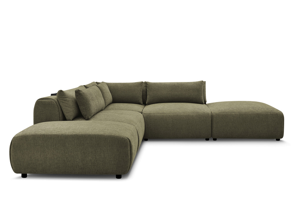 Canapé d'angle fixe modulable avec têtières JANA tissu texturé avec 2 chauffeuses, 1 angle et 2 poufs