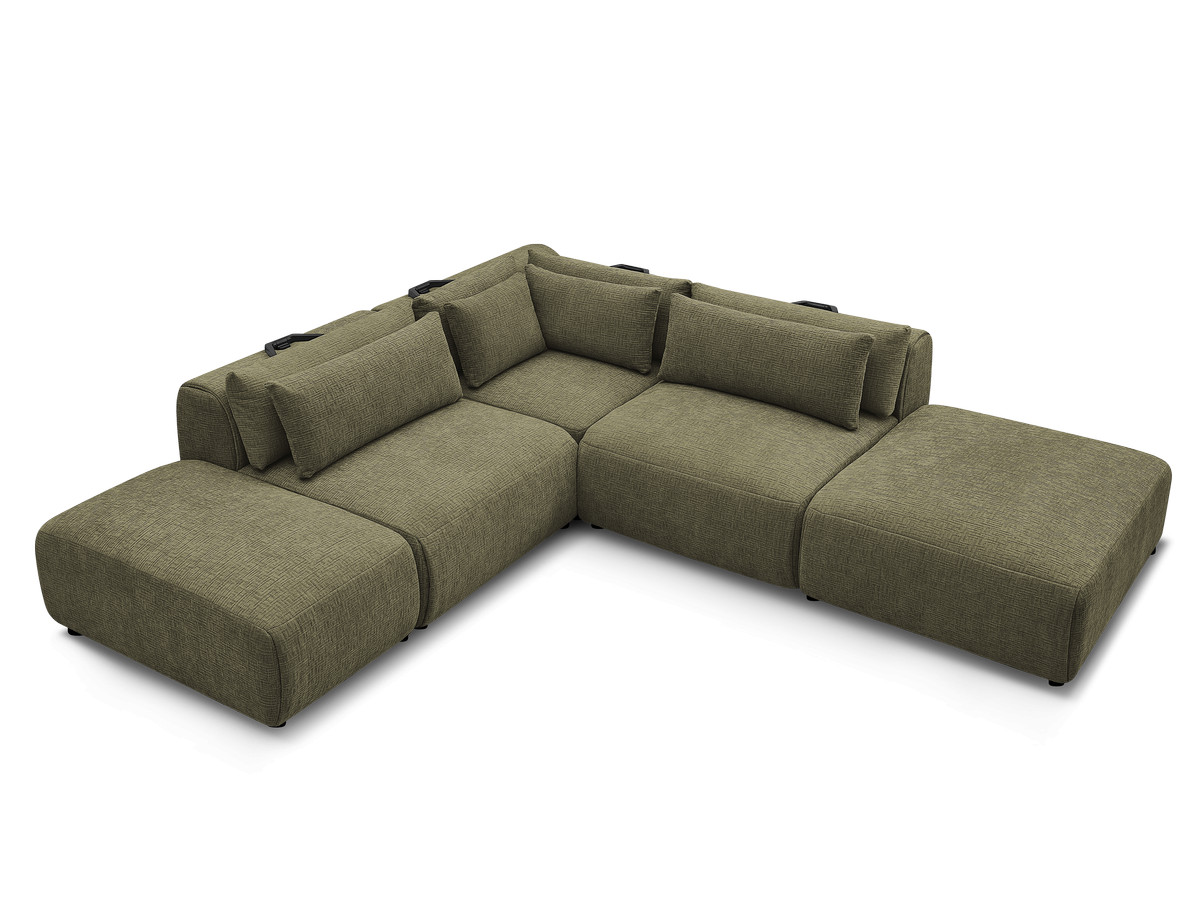 Canapé d'angle fixe modulable avec têtières JANA tissu texturé avec 2 chauffeuses, 1 angle et 2 poufs