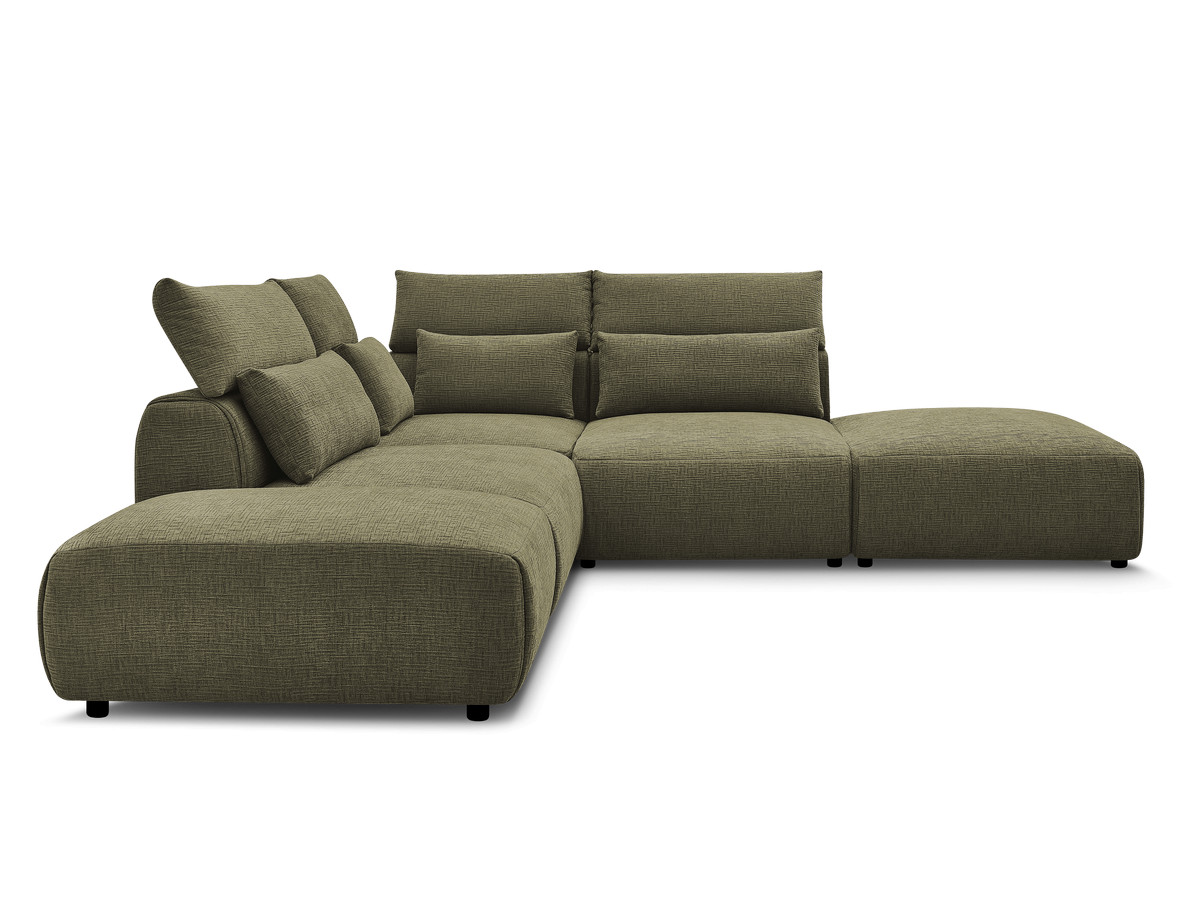 Canapé d'angle fixe modulable avec têtières JANA tissu texturé avec 2 chauffeuses, 1 angle et 2 poufs