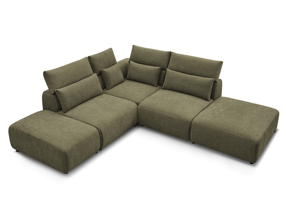 Canapé d'angle fixe modulable avec têtières JANA tissu texturé avec 2 chauffeuses, 1 angle et 2 poufs