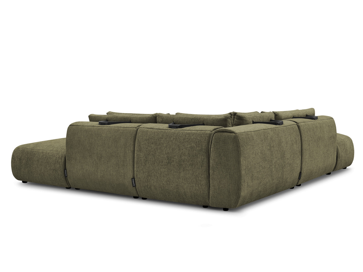 Canapé d'angle fixe modulable avec têtières JANA tissu texturé avec 2 chauffeuses, 1 angle et 2 poufs