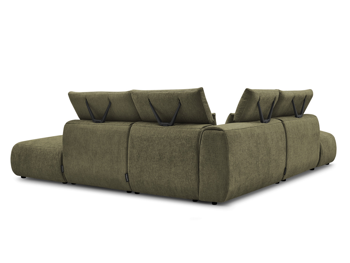 Canapé d'angle fixe modulable avec têtières JANA tissu texturé avec 2 chauffeuses, 1 angle et 2 poufs
