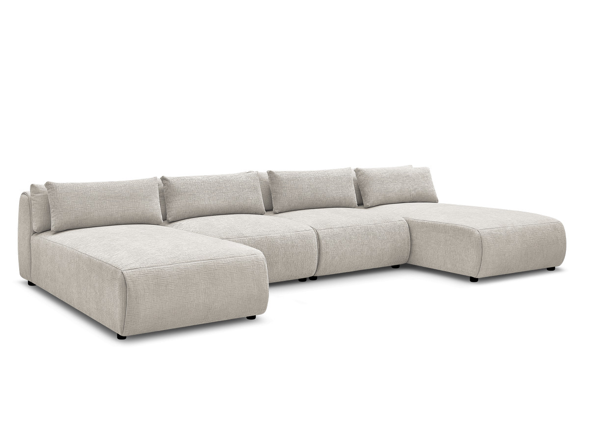 modulaire vaste panoramabank met hoofdsteunen in jana-stof met 2 chaise longues en 2 fauteuils gekleurd beige