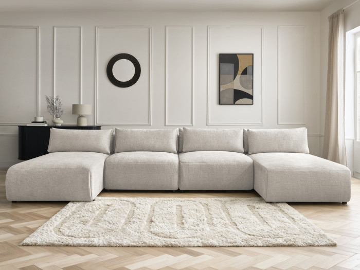 Canapé panoramique fixe modulable avec têtières JANA tissu texturé avec 2 méridiennes et 2 chauffeuses