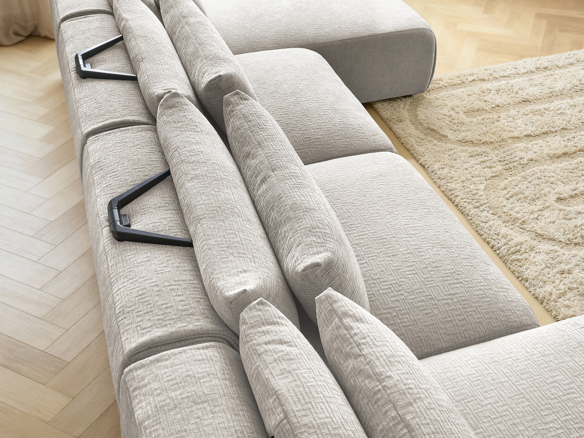 Modulaire vaste panoramabank met hoofdsteunen in JANA-stof met 2 chaise longues en 2 fauteuils