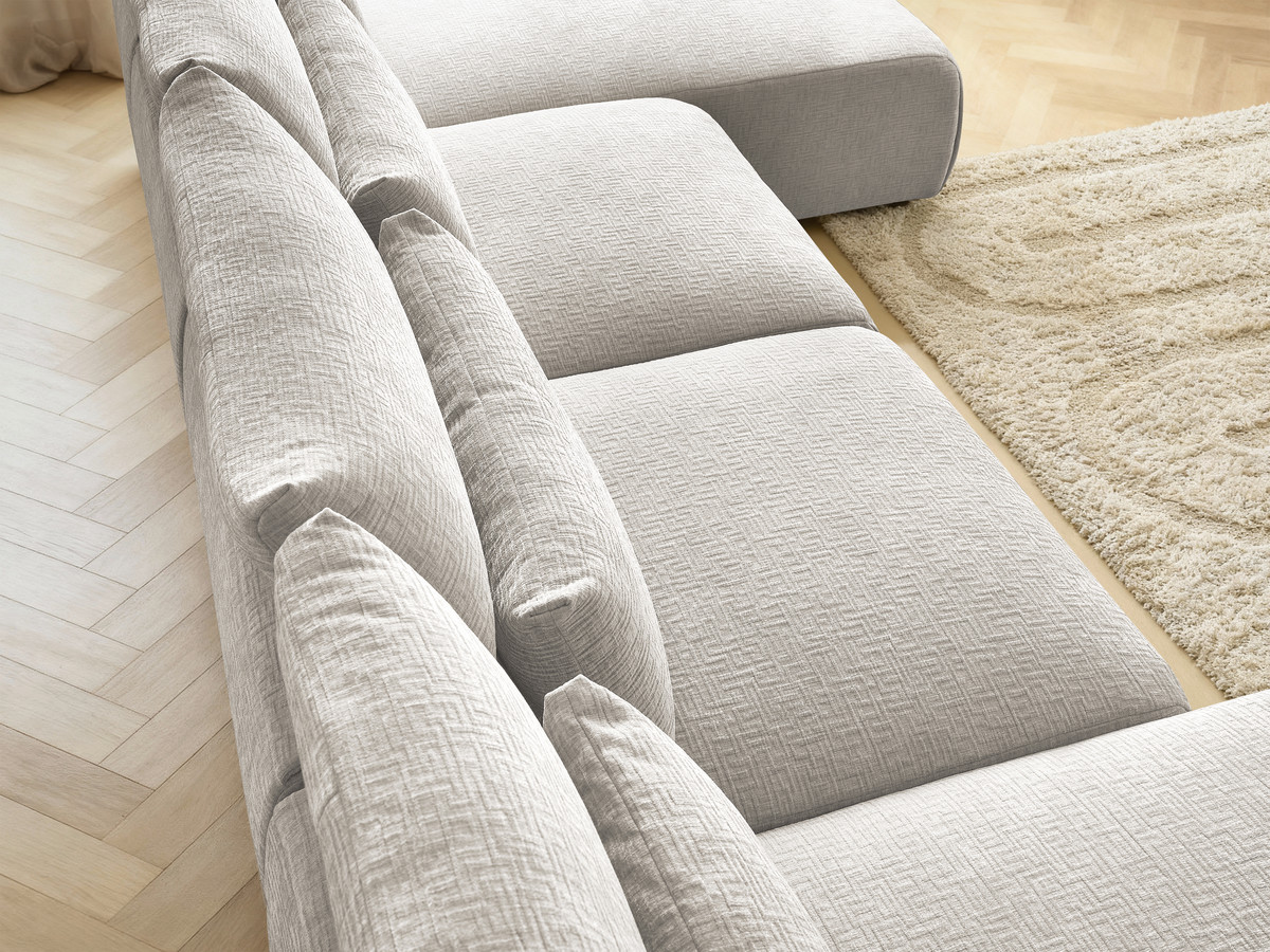 Modulaire vaste panoramabank met hoofdsteunen in JANA-stof met 2 chaise longues en 2 fauteuils