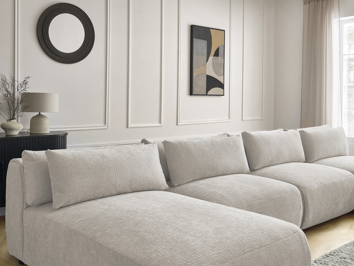 Modulaire vaste panoramabank met hoofdsteunen in JANA-stof met 2 chaise longues en 2 fauteuils