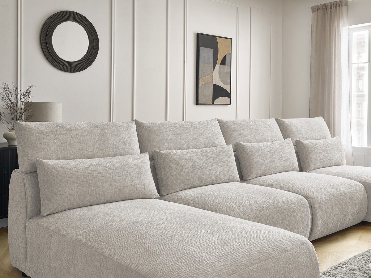 Modulaire vaste panoramabank met hoofdsteunen in JANA-stof met 2 chaise longues en 2 fauteuils