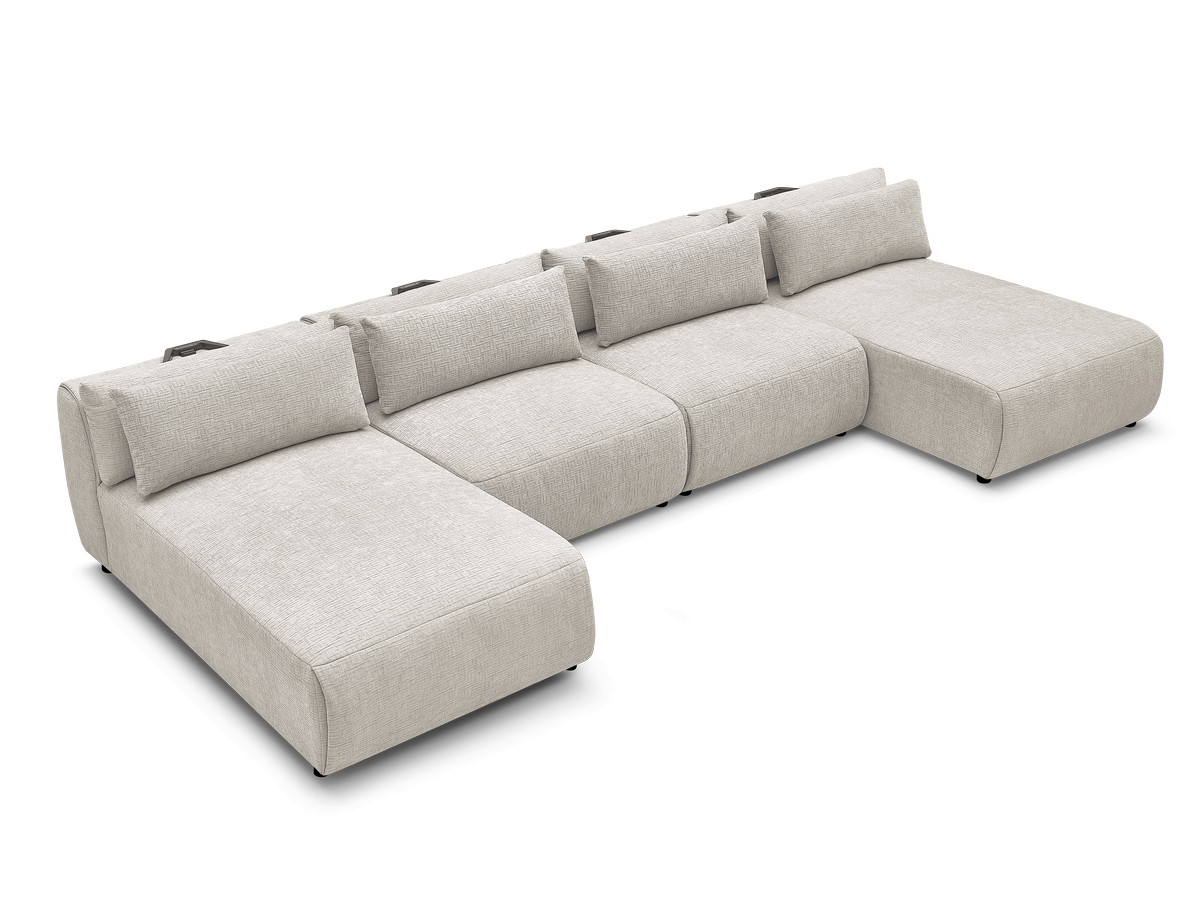 Modulaire vaste panoramabank met hoofdsteunen in JANA-stof met 2 chaise longues en 2 fauteuils