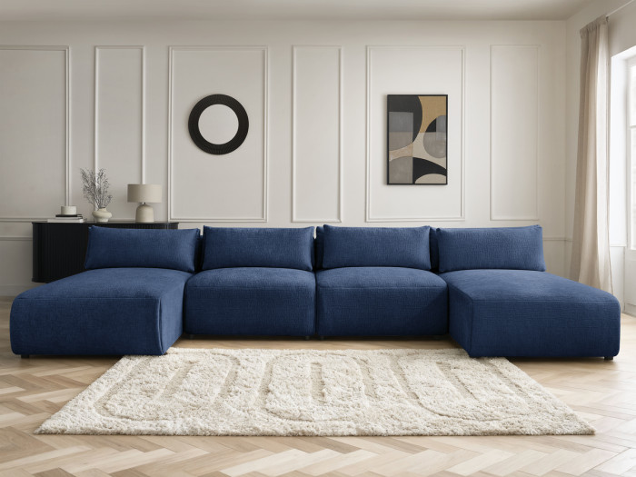 Canapé panoramique fixe modulable avec têtières JANA tissu texturé avec 2 méridiennes et 2 chauffeuses