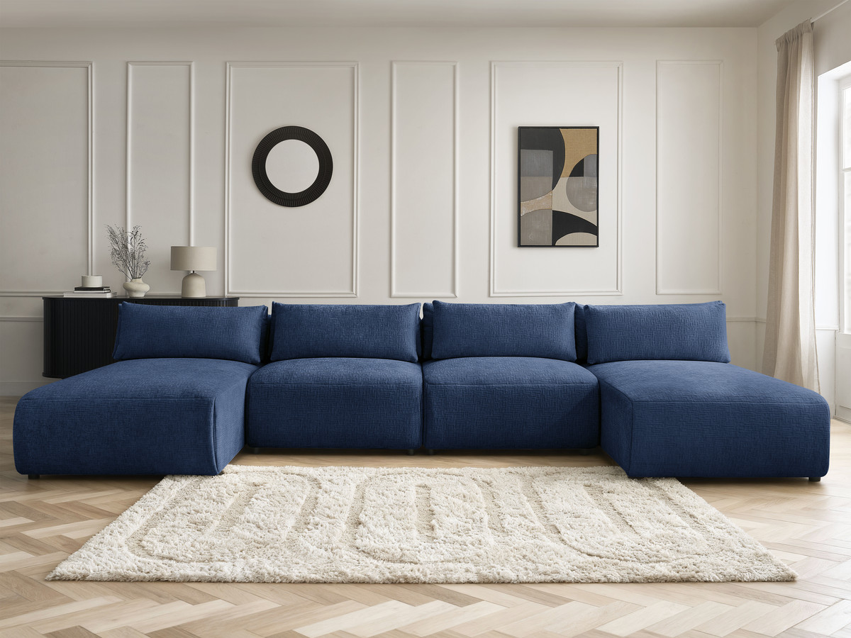 Modulaire vaste panoramabank met hoofdsteunen in JANA-stof met 2 chaise longues en 2 fauteuils