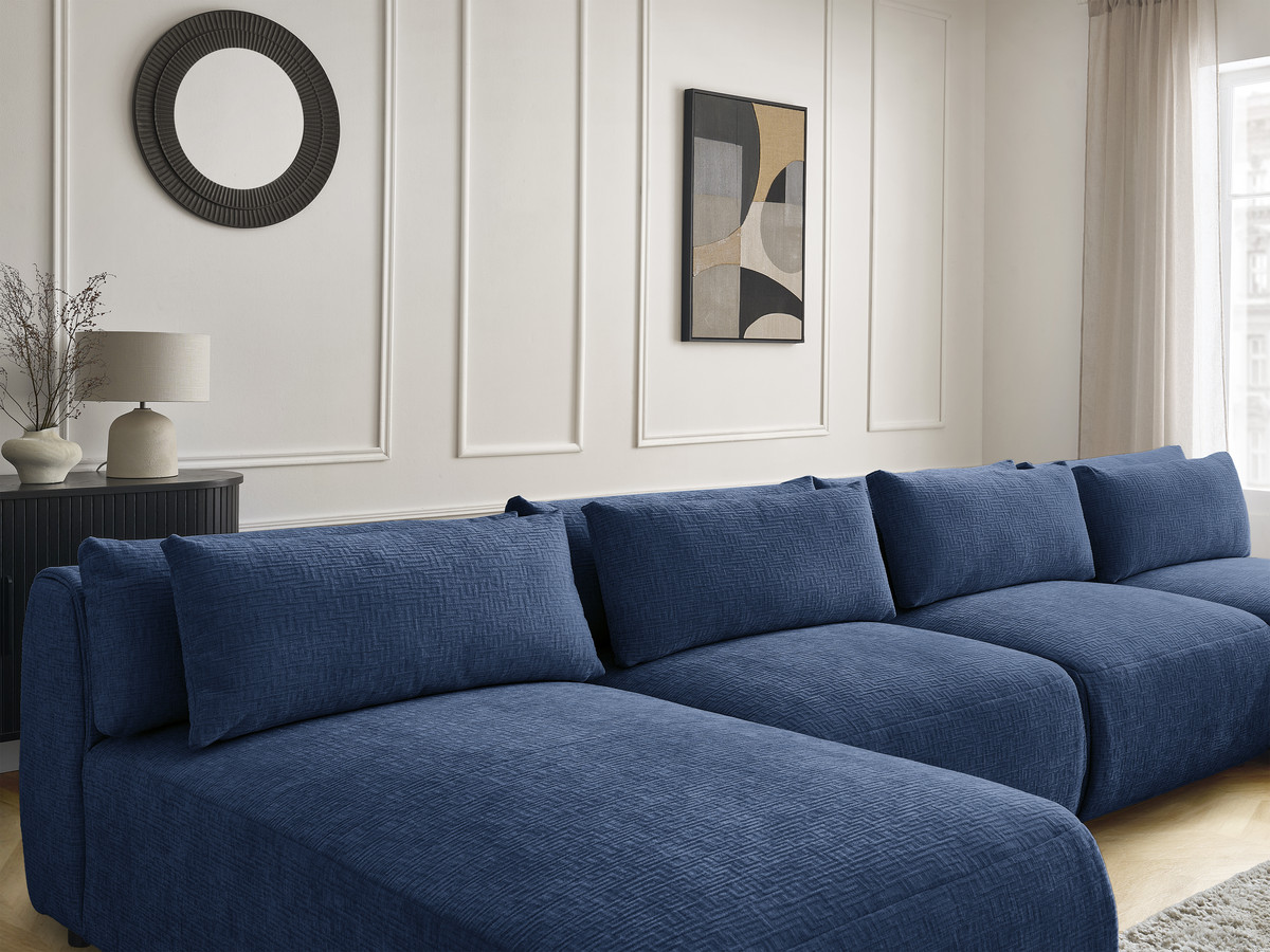 Modulaire vaste panoramabank met hoofdsteunen in JANA-stof met 2 chaise longues en 2 fauteuils