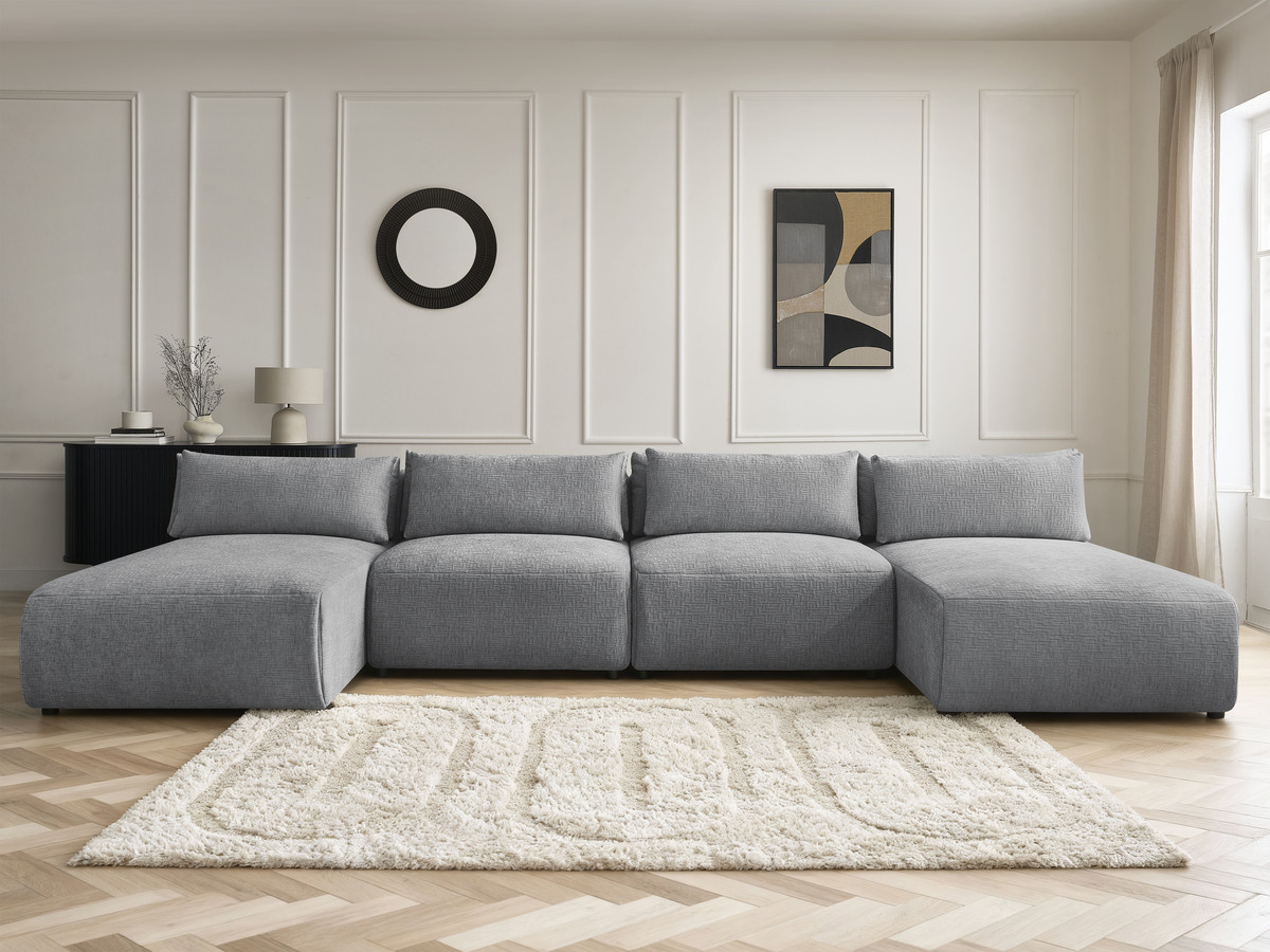 Canapé panoramique modulable avec têtières JANA texturé gris foncé