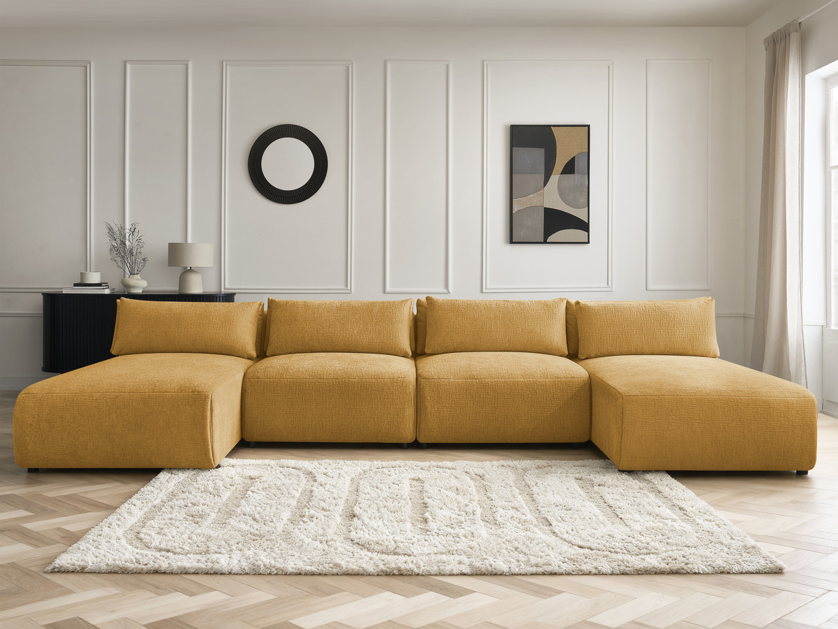 Modulaire vaste panoramabank met hoofdsteunen in JANA-stof met 2 chaise longues en 2 fauteuils