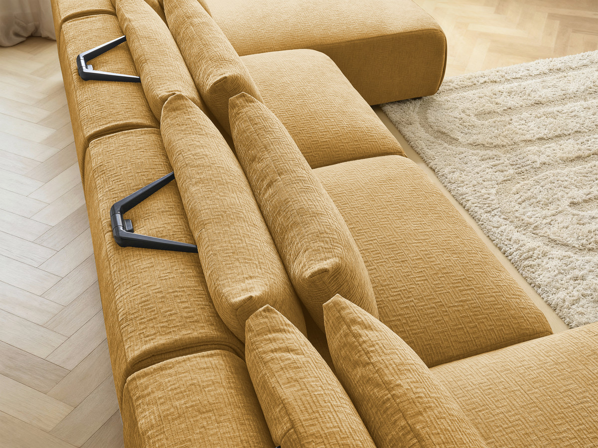 Modulaire vaste panoramabank met hoofdsteunen in JANA-stof met 2 chaise longues en 2 fauteuils