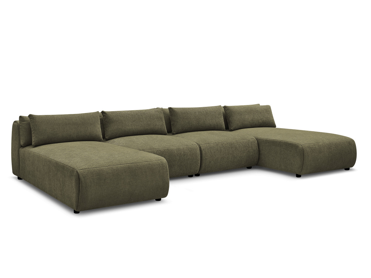 modulaire vaste panoramabank met hoofdsteunen in jana-stof met 2 chaise longues en 2 fauteuils gekleurd groente