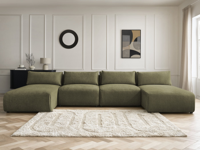 Canapé panoramique fixe modulable avec têtières JANA tissu texturé avec 2 méridiennes et 2 chauffeuses
