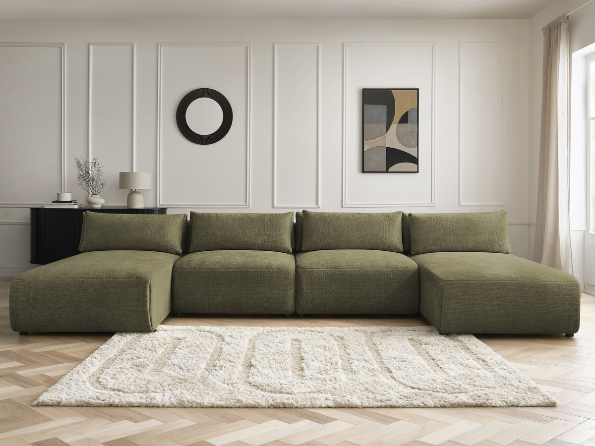 Modulaire vaste panoramabank met hoofdsteunen in JANA-stof met 2 chaise longues en 2 fauteuils